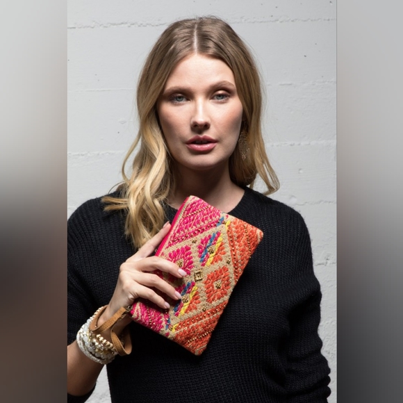 Handmade Hand Beaded Wristlet Clutch - Ethnic Inspired Design - Dyed Fine Cotton - Picture 2 of 7